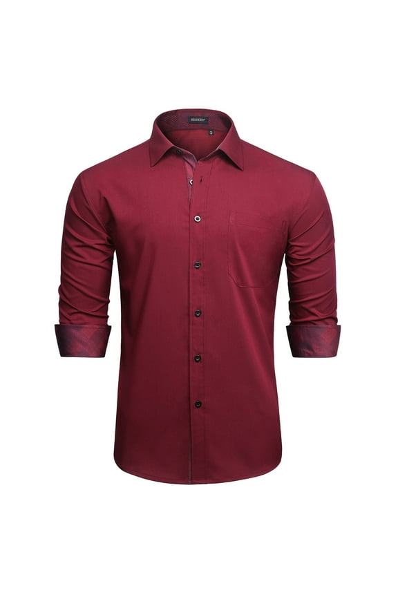 Men Long Sleeve Dress Shirt Casual Button Down Shirt Formal Wedding Slim Fit Shirt Burgundy