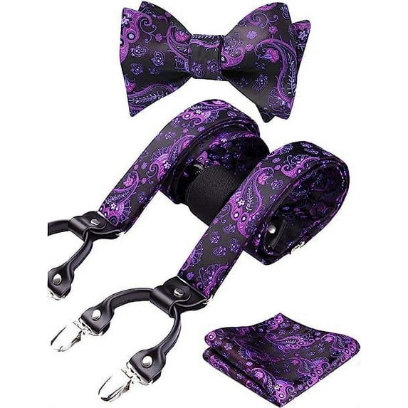 HISDERN Men Paisley Suspender Bow Ties Set Pocket Square Set Adjustable 6 Clips Braces Purple Black