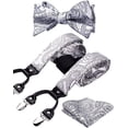 thumbnail image 1 of HISDERN Men Paisley Suspender Bow Ties Set Pocket Square Set Adjustable 6 Clips Braces Silver Gray, 1 of 7