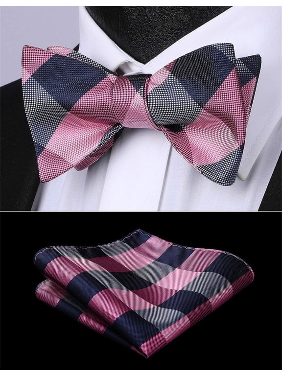 Pink Bow Ties for Men Check Plaid Formal Tuxedo Wedding Bowties Handkerchief Set Self Tie Bow Tie
