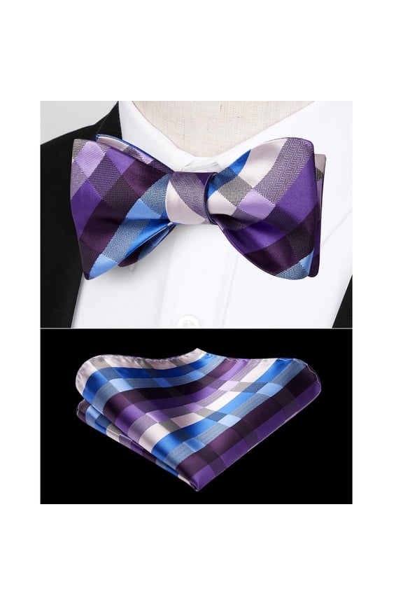 Men Purple Plaid Bow Ties Self Tie Bow Tie Formal Bowtie Tuxedo Bowties Pocket Square Set