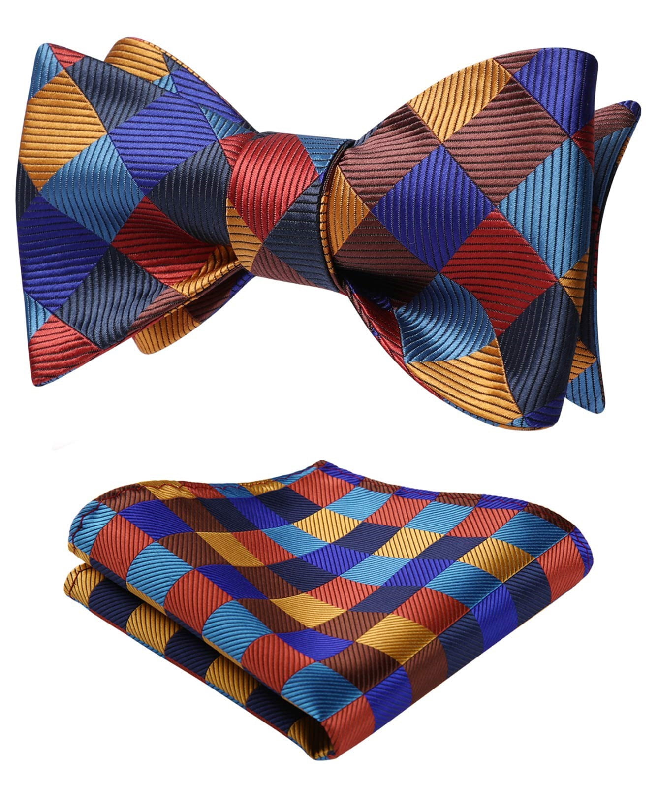 Men's Pre-Tied Bow Tie & Pocket Square Set - Plaid Check Wedding Formal Accessory 4 thumbnail image