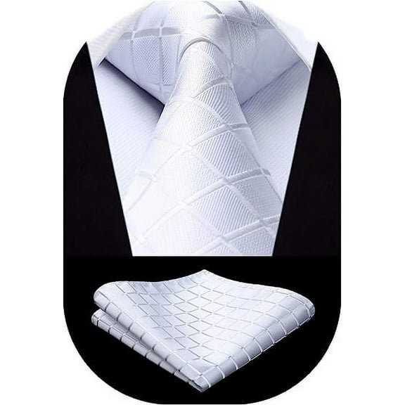 HISDERN Men White Plaid Ties Formal Tie Checkered Tie Pocket Square Necktie Set for Wedding Business
