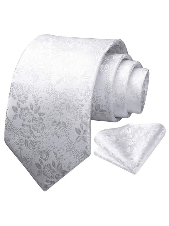 Men White Ties Floral Necktie Set Formal Tie Pocket Square for Wedding Handkerchief Gift Box