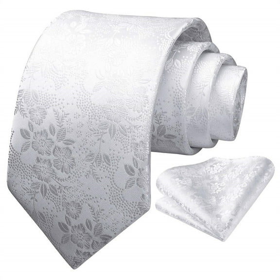 HISDERN Men White Ties Floral Necktie Set Formal Tie Pocket Square for Wedding Handkerchief Gift Box