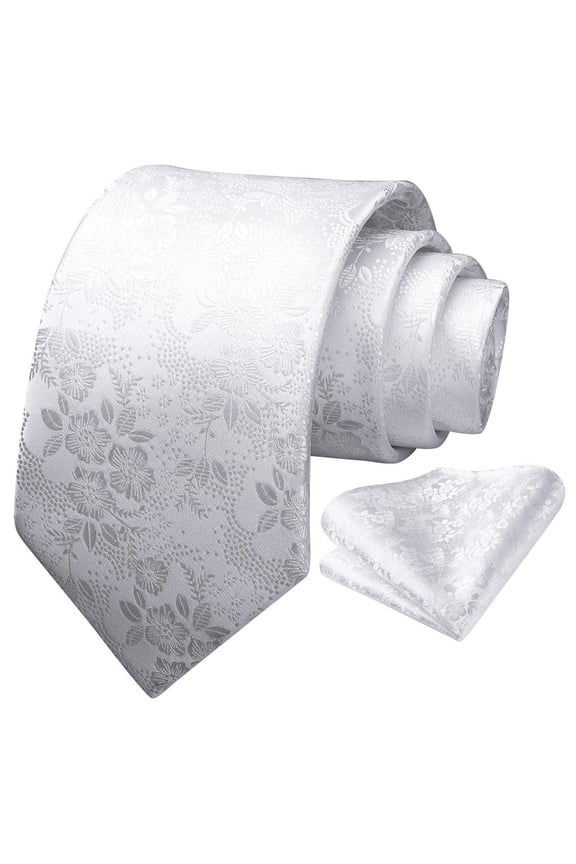 Men White Ties Floral Necktie Set Formal Tie Pocket Square for Wedding Handkerchief Gift Box
