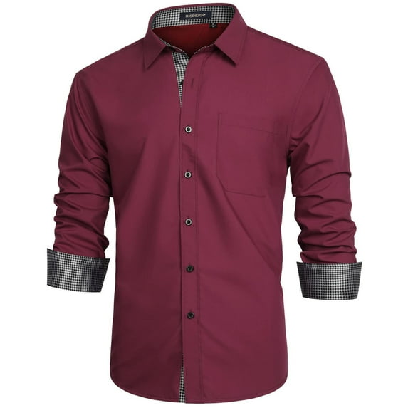 HISDERN Men's Button Down Dress Shirt Casual Long Sleeve Dress Shirt Inner Contrast Shirt Burgundy