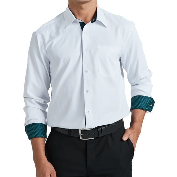 HISDERN Mens White Dress Shirts Classic Fit Button Down Shirt Long Sleeve Inner Contrast