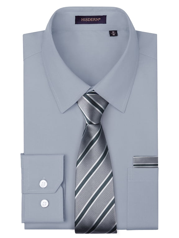 Mens Dress Shirt Long Sleeve with Matching Gray Tie and Handkerchief 3-Piece Set
