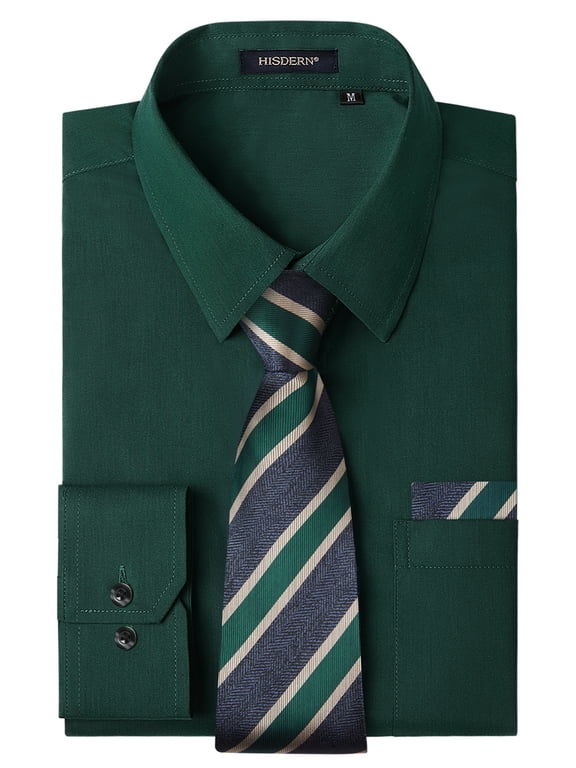 Mens Emerald Green Dress Shirt Long Sleeve with Matching Tie & Pocket Square Set