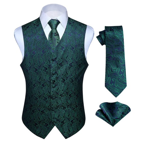 HISDERN Men's Green Suit Vest Formal Waistcoat Tuxedo Dress Vest Tie Set for Suit or Tuxedo 3PCS L
