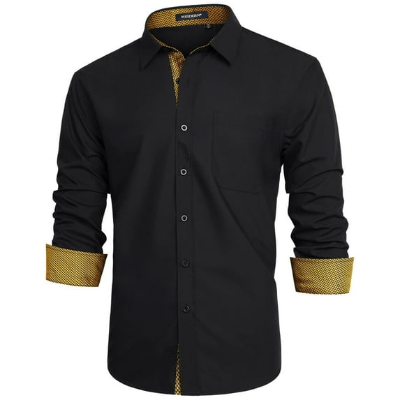 HISDERN Men's Long Sleeve Dress Shirt Casual Button Down Shirt Formal Business Shirt Black Gold