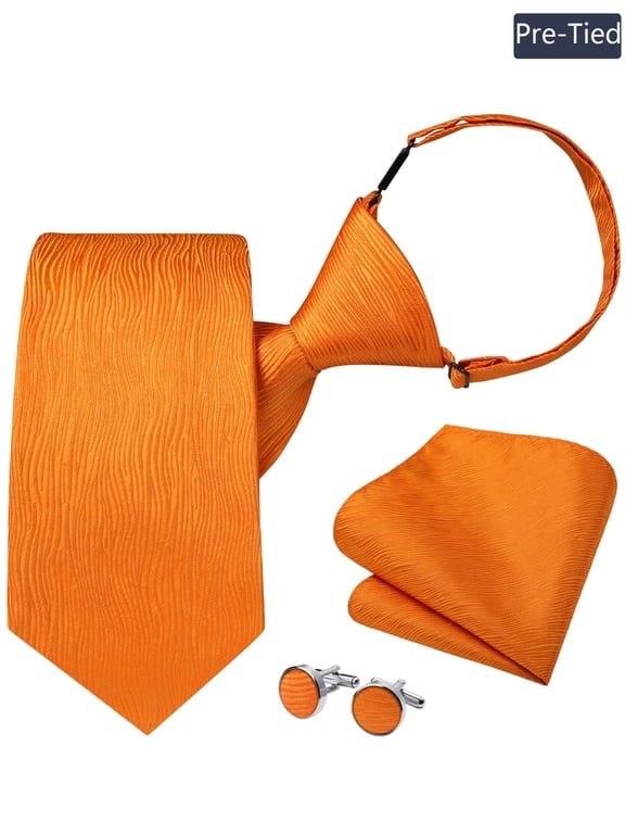 Orange Pre Tied Necktie for Men, 3.15 inch Wide Adjustable Ties with Pocket Square Cufflinks Set Tie Wedding