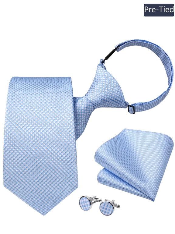 Light Blue Pre Tied Ties for Men, 3.15 inch Wide Adjustable Necktie with Pocket Square Cufflinks Set Tie Wedding