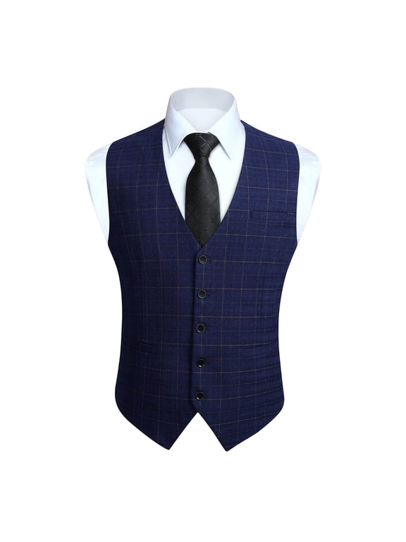 Men's Suit Vest Blue Plaid Dress Vest for Men Formal Business Waistcoat Tuxedo V-Ncek Vests