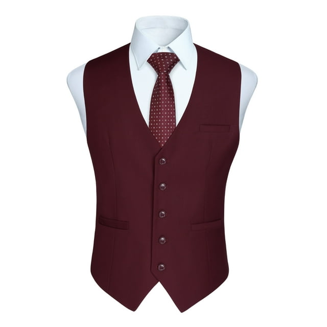 HISDERN Men's Suit Vest Burgundy Business Formal Dress Waistcoat Vest