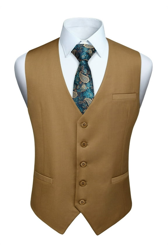 Men's Suit Vest Business Formal Dress Waistcoat Vest with 3 Pockets for Suit or Tuxedo Khaki