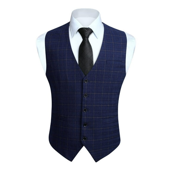 HISDERN Men's Suit Vest Blue Plaid Dress Vest for Men Formal Business Waistcoat Tuxedo V-Ncek Vests