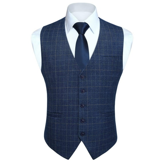 HISDERN Plaid Suit Vests for Men Formal Dress Vest Business Navy Blue Slim Fit Waistcoat for Wedding