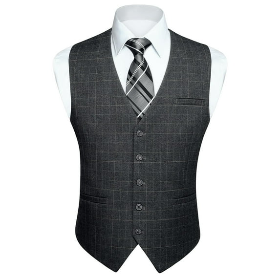 HISDERN Plaid Vest for Men Grey Formal Suit Vests Business V-Ncek Slim Fit Waistcoat Wedding Tuxedo