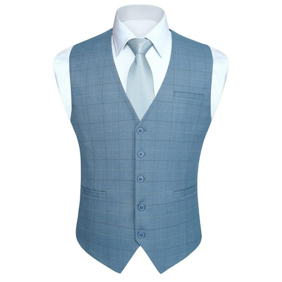 HISDERN Men's Plaid Suit Vest Sky Blue Business Formal Dress Vests Wedding Waistcoat for Tuxedo