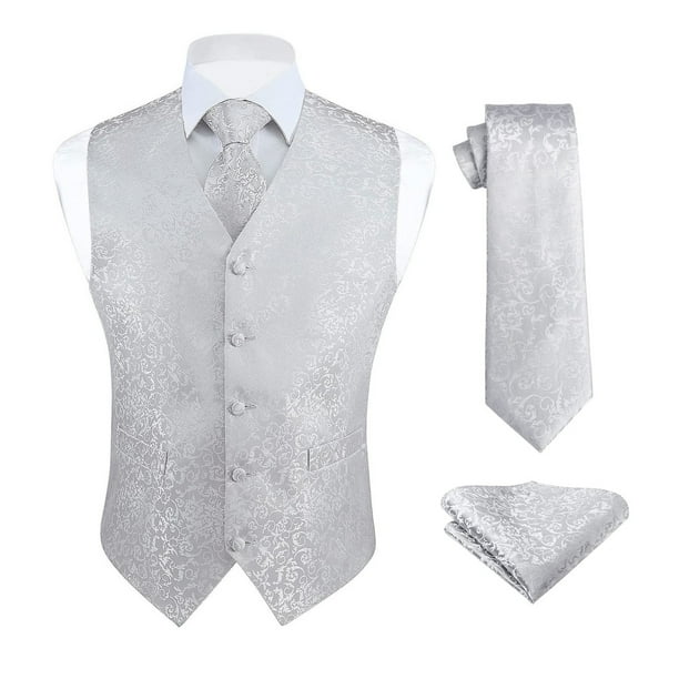 HISDERN Men s Suit Vests Formal Ties Waistcoat Pocket Square Sets 3PCS Paisley Vest Grey Silver L Walmart Business Supplies