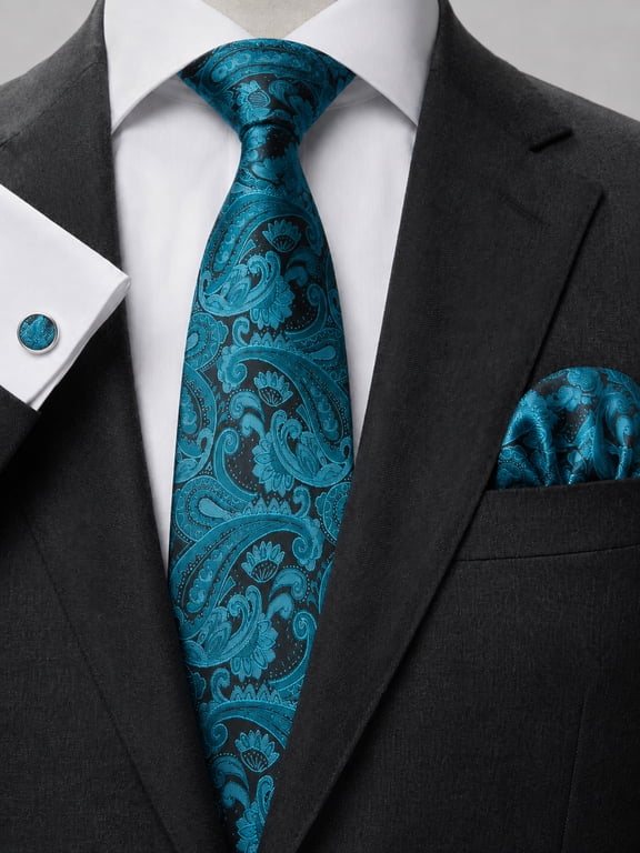 Teal Paisley Ties for Men Tie Pocket Square & Cufflinks Set Dress Necktie for Formal Event