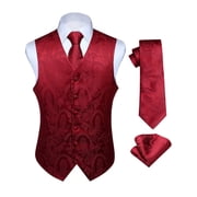 HISDERN Men's Vest Paisley Suit Vest and Tie Set 3PCS Formal Pocket Square Waistcoat Burgundy 3XL