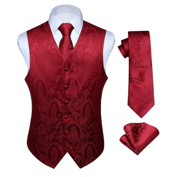 HISDERN Men's Vest Paisley Suit Vest and Tie Set 3PCS Formal Pocket Square Waistcoat Burgundy L