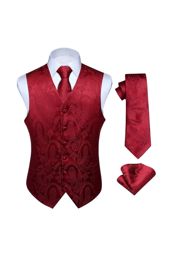 Men's Vest Paisley Suit Vest and Tie Set 3PCS Formal Pocket Square Waistcoat Burgundy S