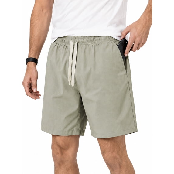 HISDERN Mens Athletic Shorts 7.8" Inseam 4-Way Stretch Drawstring Waist Shorts Khaki Nylon Spandex Gym Shorts