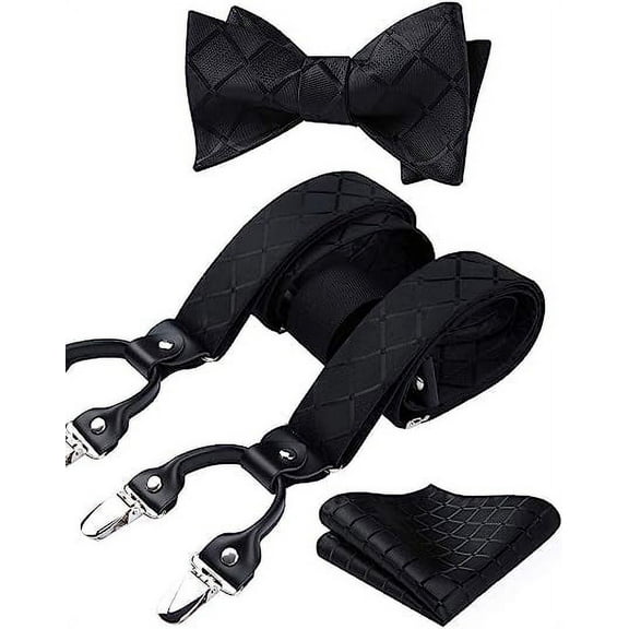HISDERN Mens Black Plaid Suspender and Bow Tie Set with 3 Strong Clips Adjustable Wedding Braces