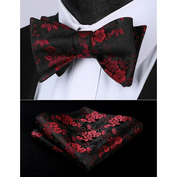 HISDERN Mens Bow Ties Burgundy Floral Bowties Handkerchief Bowtie Pocket Square Set Self Tie Bowtie