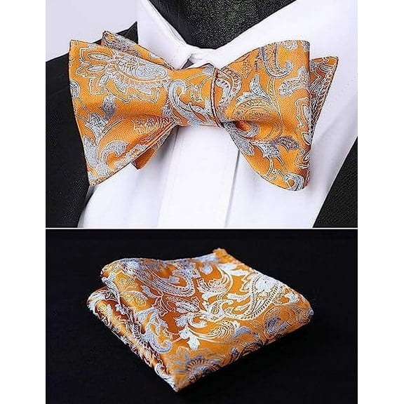 HISDERN Orange Paisley Mens Bow Ties Self Tie Satin Bow Tie Floral Bowtie Formal Tuxedo Wedding