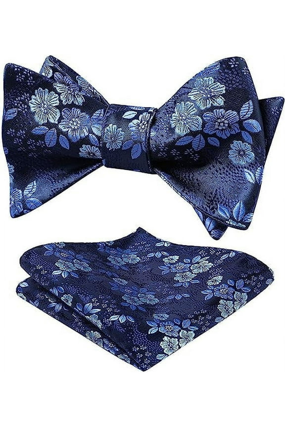 Mens Bow Ties Navy Blue Floral Bowtie Self Tie Bowtie Handkerchief Pocket Square Bowtie Set