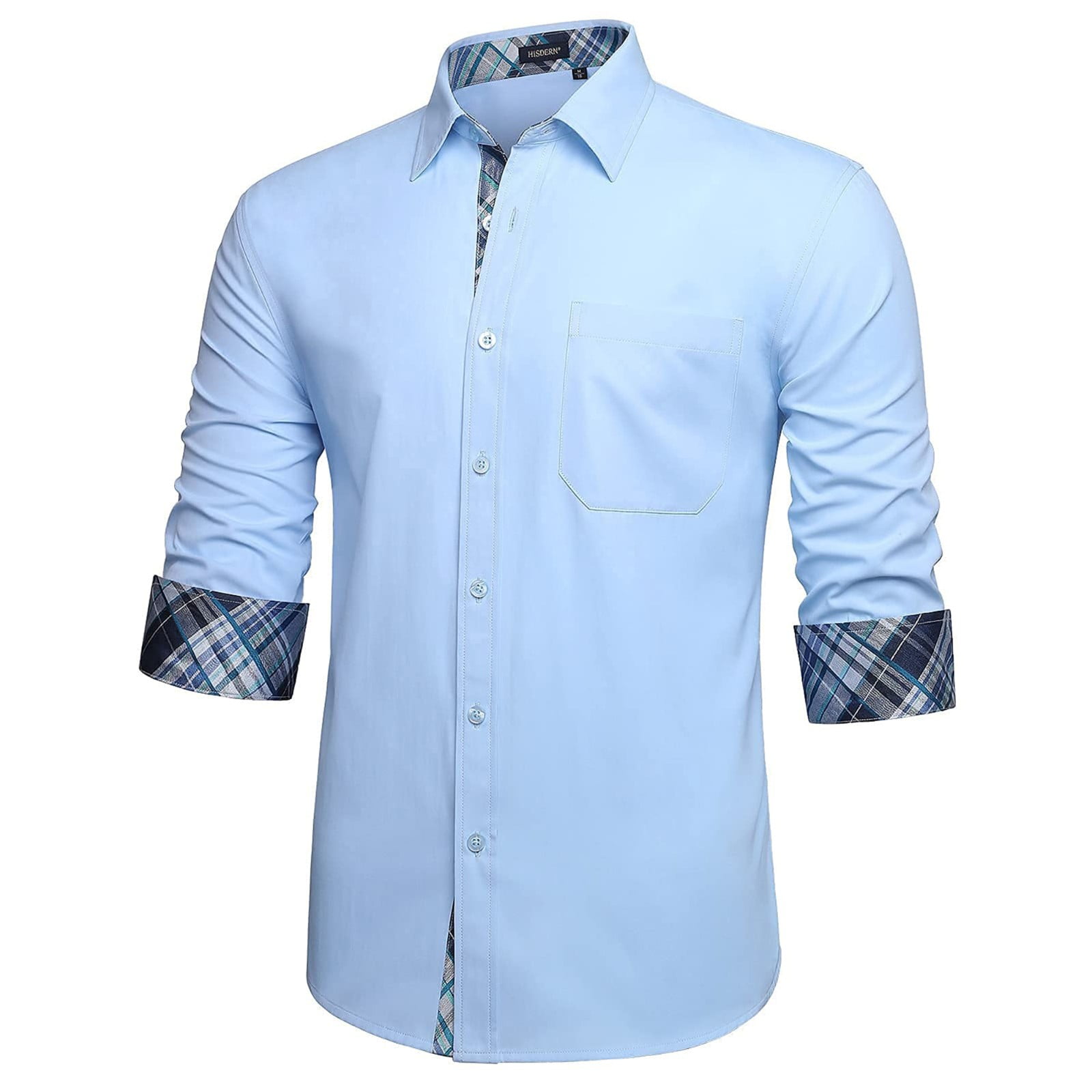 HISDERN Mens Casual Dress Shirts Long Sleeve Button Down Shirts Inner Contrast Wedding Shirt