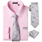 HISDERN Mens Cotton Dress Shirts Long Sleeve Collar Pink Shirts with Tie & Handkerchief Set Wedding