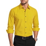 HISDERN Mens Cotton Dress Shirts Yellow Casual Long Sleeve Regular Fit Button up Shirt for Wedding