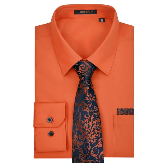 HISDERN Mens Dress Shirt and Tie Handkerchief Set Classic Formal Long Sleeve Shirts Orange