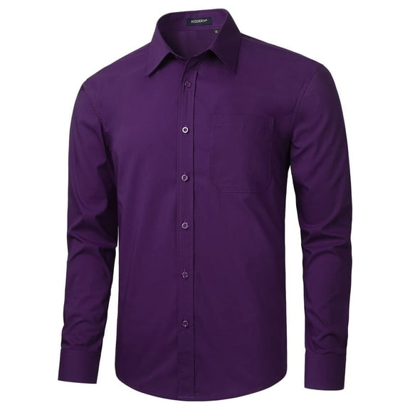 HISDERN Mens Dress Shirts Long Sleeve Button Down Shirts Casual Solid Formal Business Shirt Purple