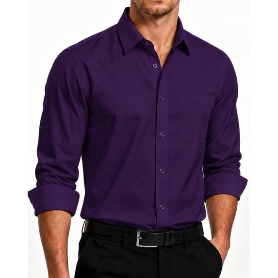 HISDERN Mens Dress Shirts Long Sleeve Button Down Shirts Casual Solid Formal Business Shirt Purple