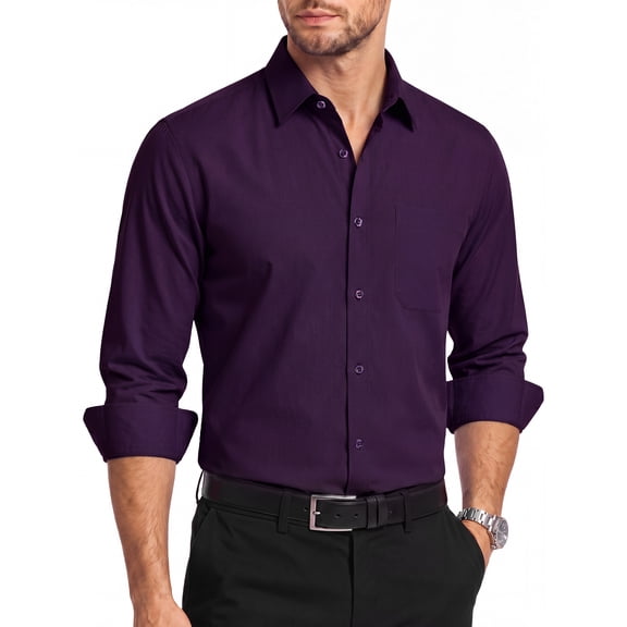 HISDERN Mens Dress Shirts Long Sleeve Button Down Shirt Casual Solid Formal Business Shirt Purple