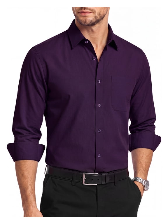 Mens Dress Shirts Long Sleeve Button Down Shirt Casual Solid Formal Business Shirt Purple