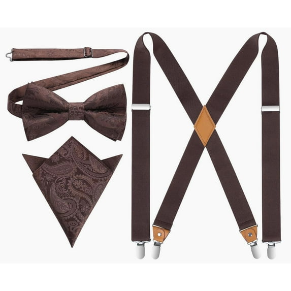 HISDERN Mens Elastic Suspenders and Bowtie Set Solid Color Adjustable X-Back Suspender Braces Brown
