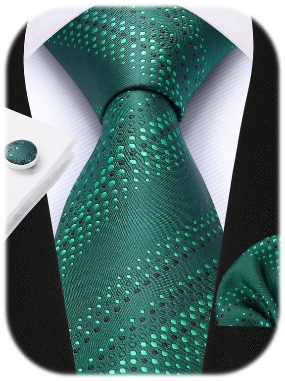 Mens Emerald Green Tie Polka Dot Tie Pocket Square & Cufflinks Set Wedding Dress Tie for Shirts