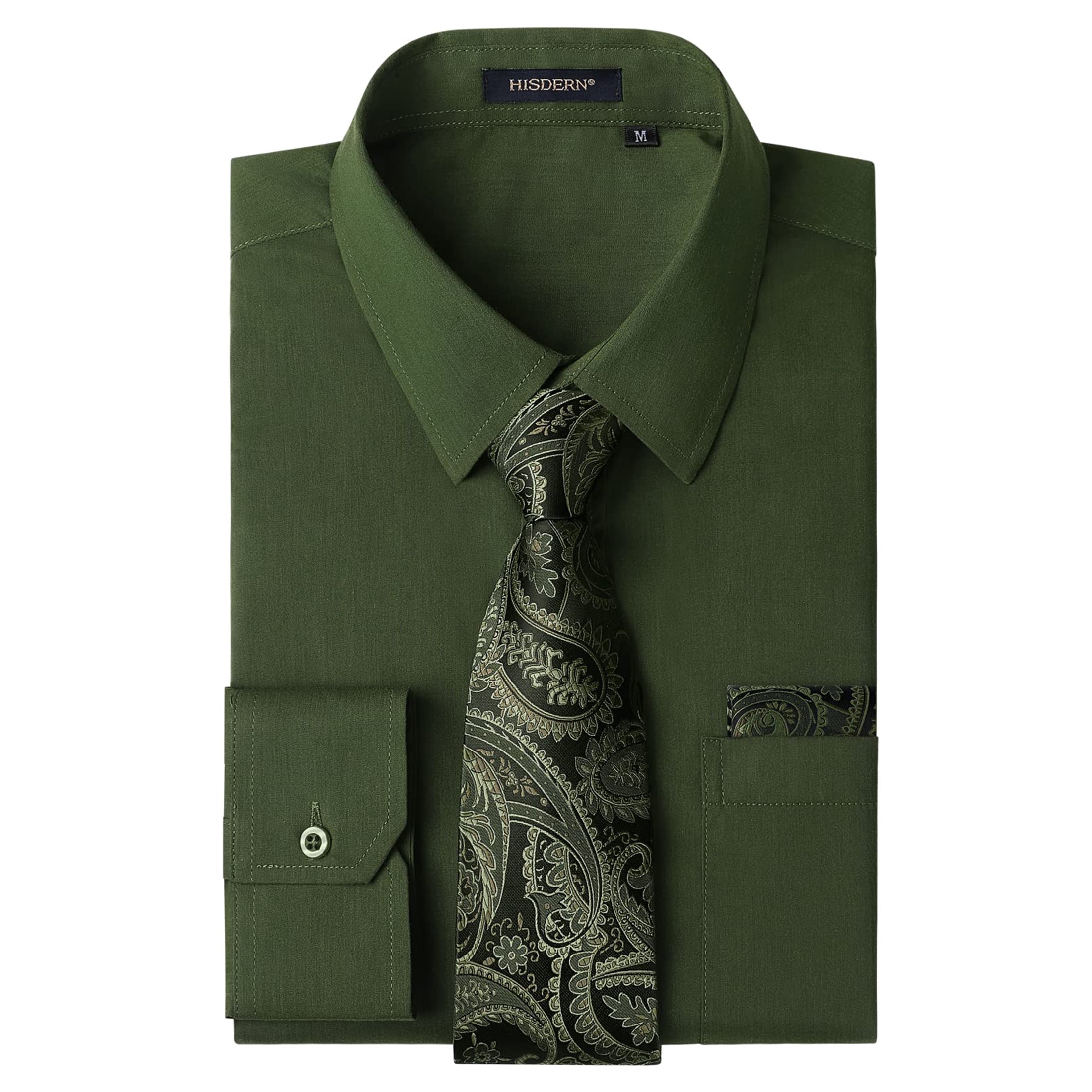 HISDERN Mens Long Sleeve Dress Shirt with Matching Tie and Handkerchief Set  Formal Green Button Down - Walmart.com