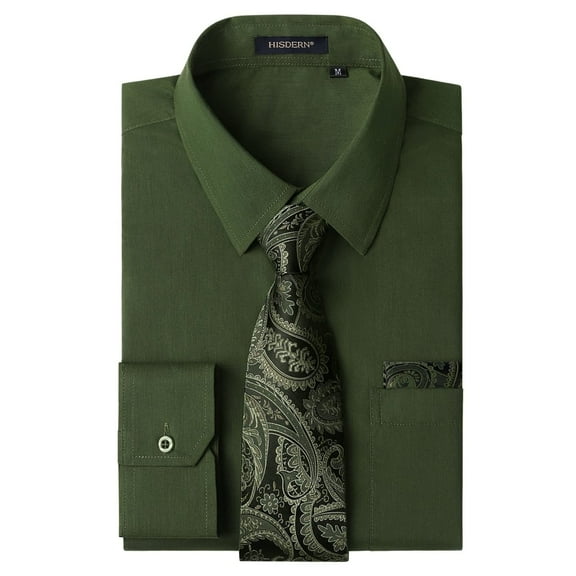 HISDERN Mens Long Sleeve Dress Shirt with Matching Tie and Handkerchief Set Formal Green Button Down