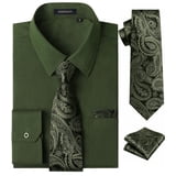 HISDERN Mens Long Sleeve Dress Shirt with Matching Tie and Handkerchief ...