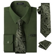 Mens Long Sleeve Dress Shirt with Matching Tie and Handkerchief Set Formal Green Button Down