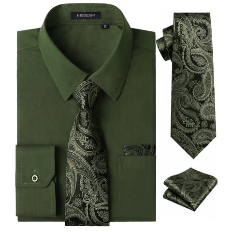Mens Long Sleeve Dress Shirt with Matching Tie and Handkerchief Set Formal Green Button Down